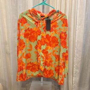 Orange and Green Graphic Button Down Shirt with Sailor Collar